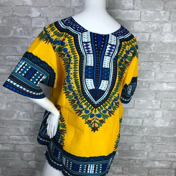 Izzy & Liv Unisex Yellow Blue One Size Fits Most Dashiki Shirt - Picture 5 of 6